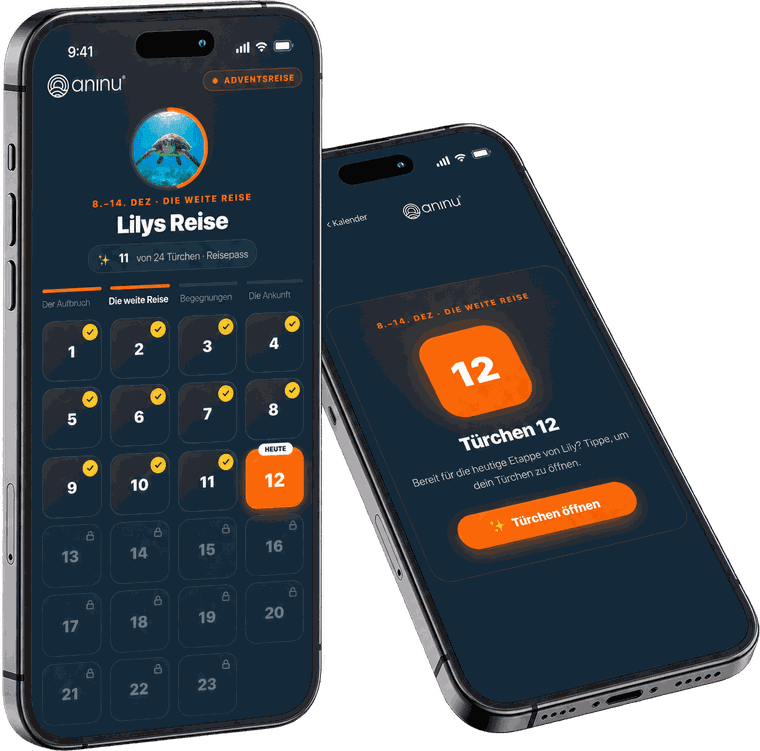 Die aninu App: der Adventsreise-Kalender mit 24 Türchen und das geöffnete Türchen des Tages