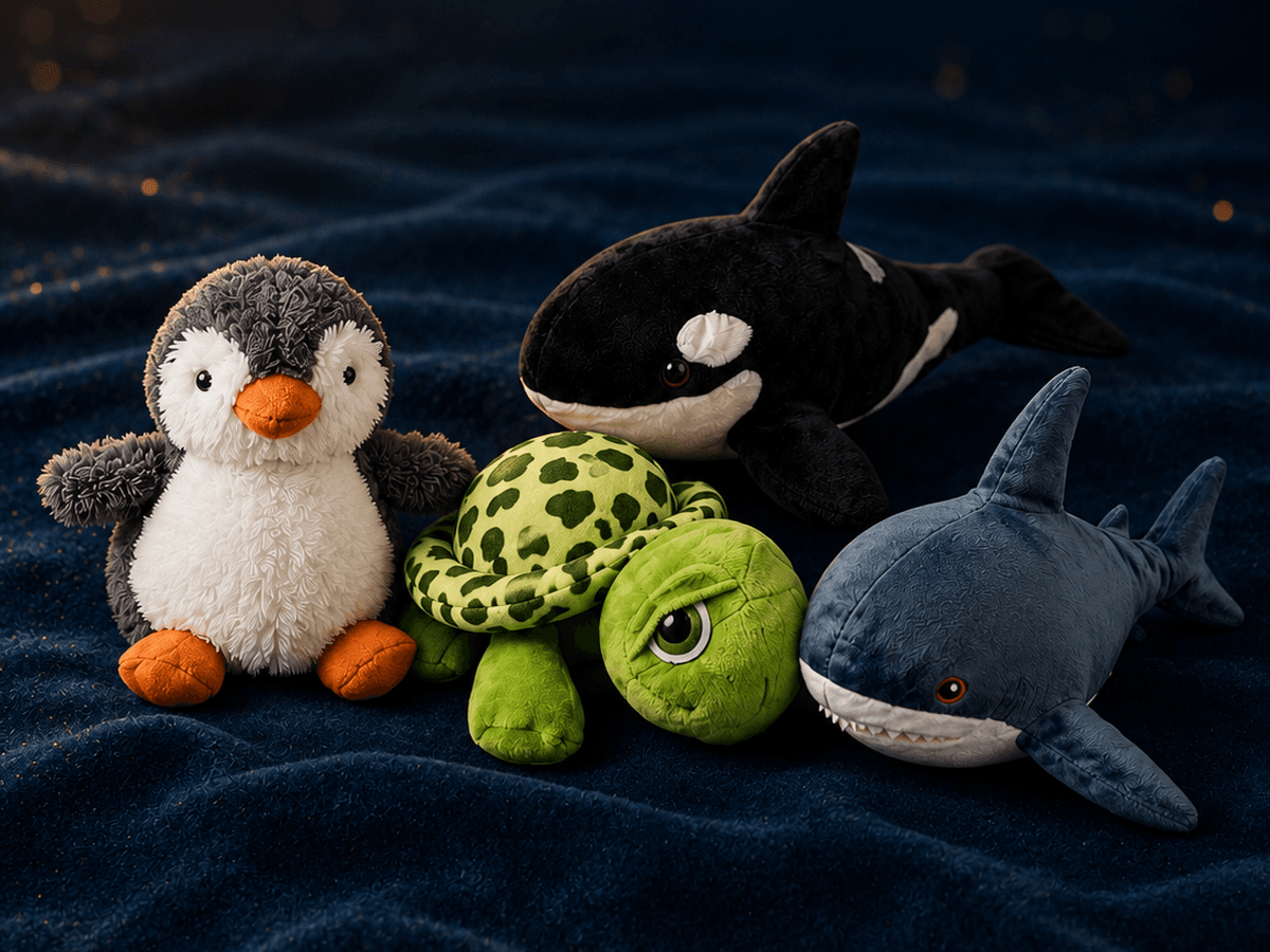 Der Hauptpreis: vier aninu-Plüschtiere — Pinguin, Meeresschildkröte, Orca und Hai — auf dunkelblauem Samt