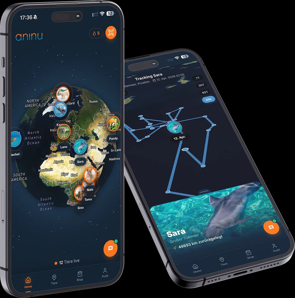 aninu App mit der Weltkarte und der aktuellen Position des Patentiers