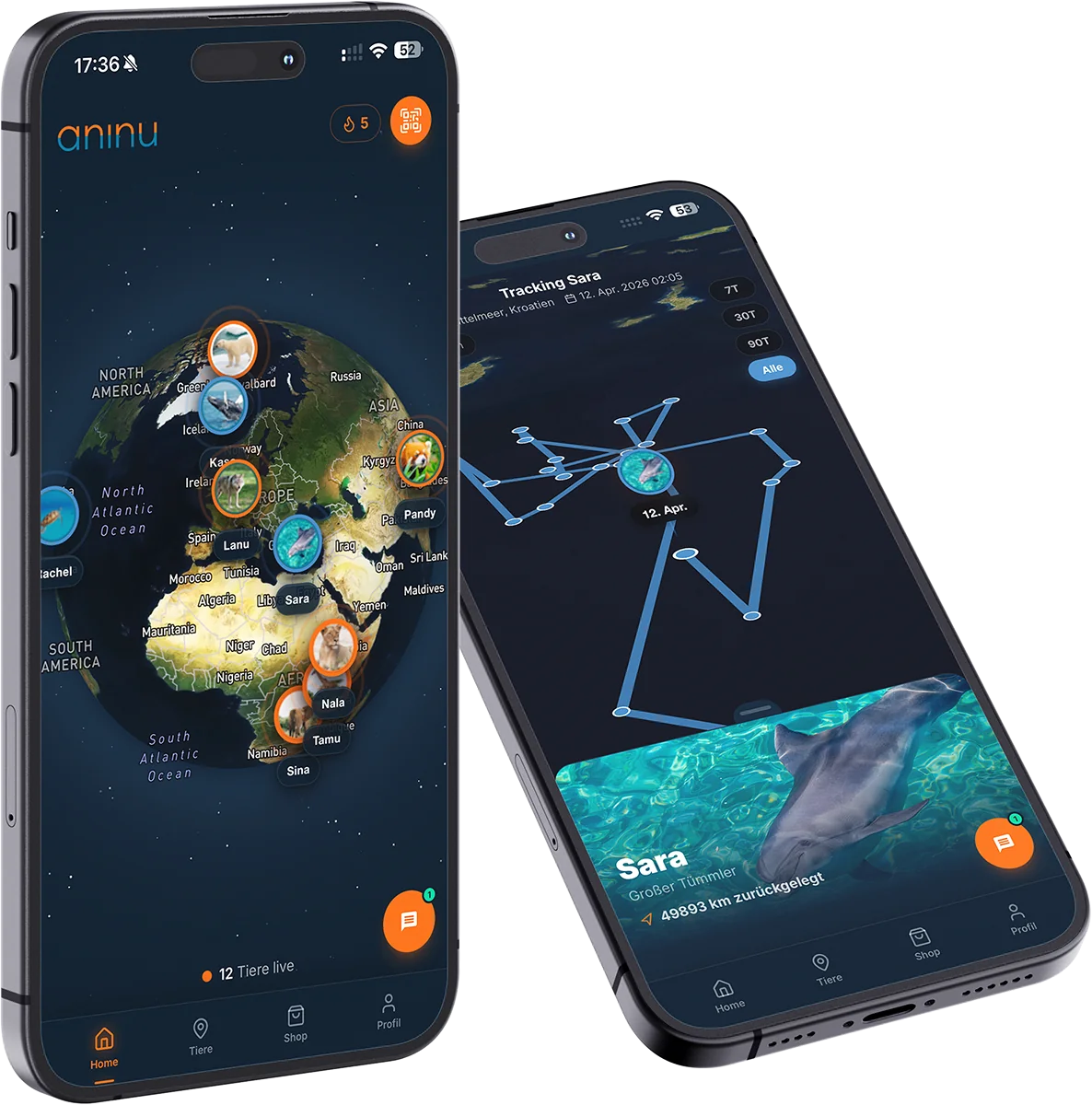 aninu App – Home Globus und Live Tracking